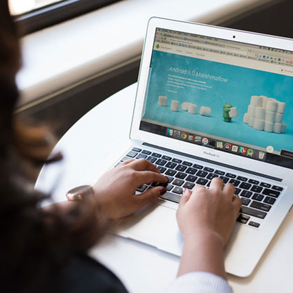 Photograph of woman's hands with laptop.